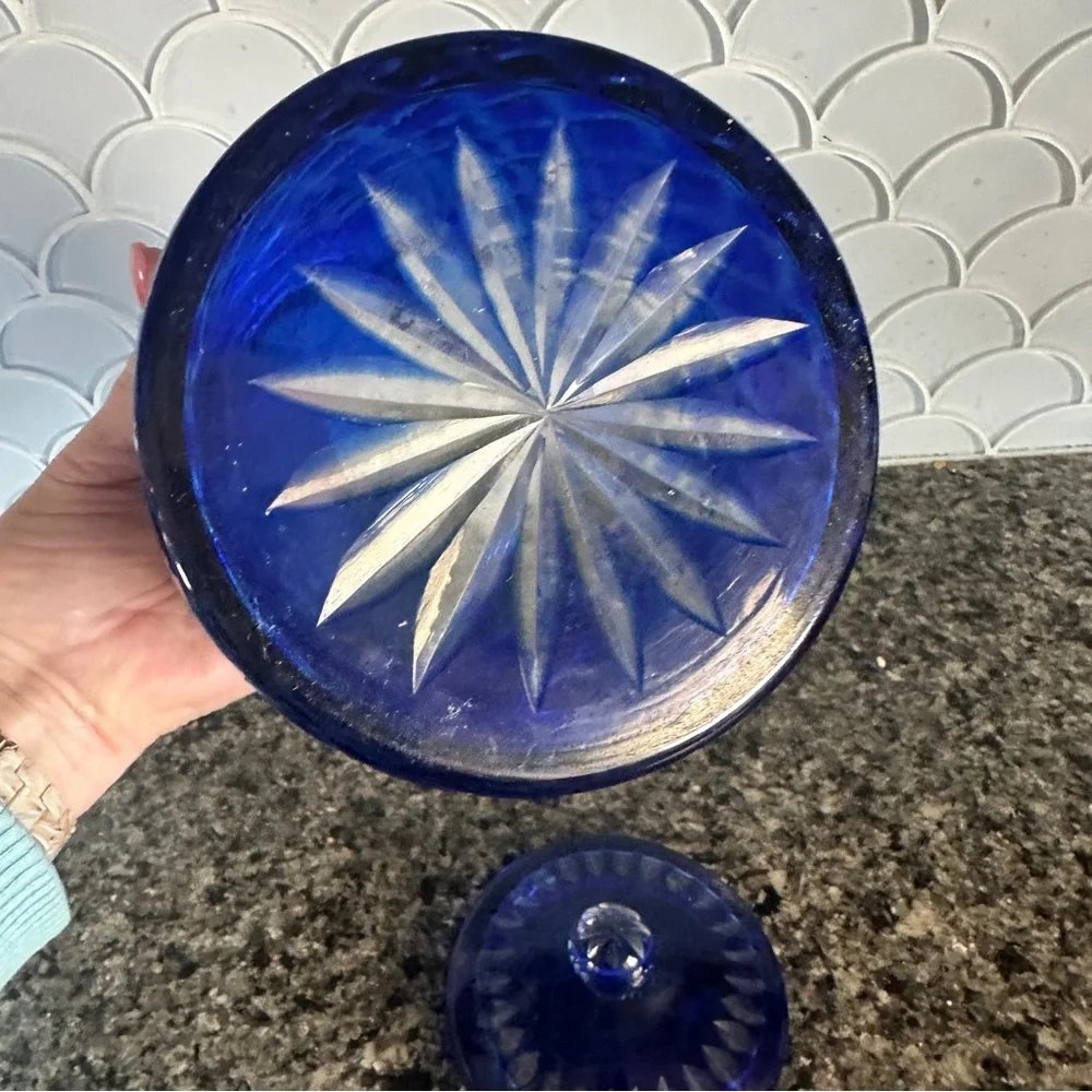 Vintage Cobalt Blue Cut to Clear Crystal Czech Bohemian Cookie Biscuit Jar